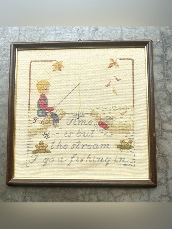 Vintage Other - Vtg Framed Handmade Counted Cross-Stitch "Time Is But the stream I go a-fishing"